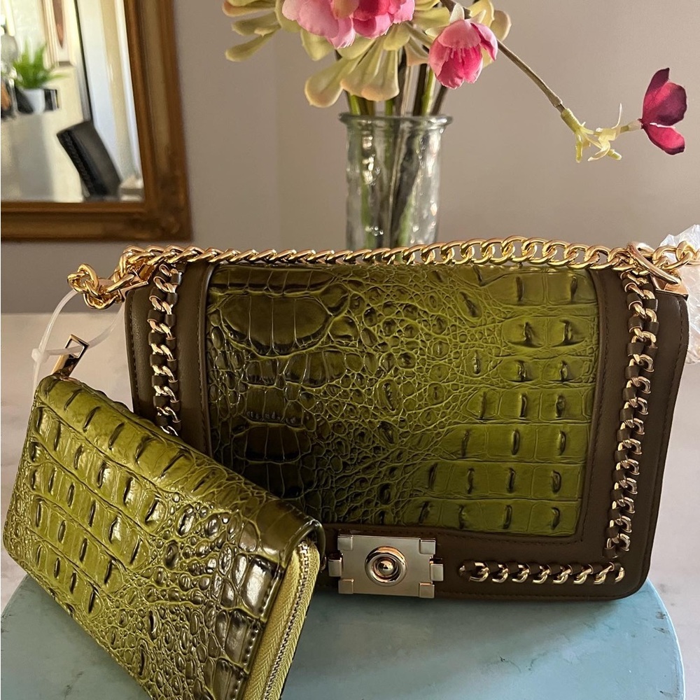 2 pc handbag set featuring envelope handbag with chain accents and wallet